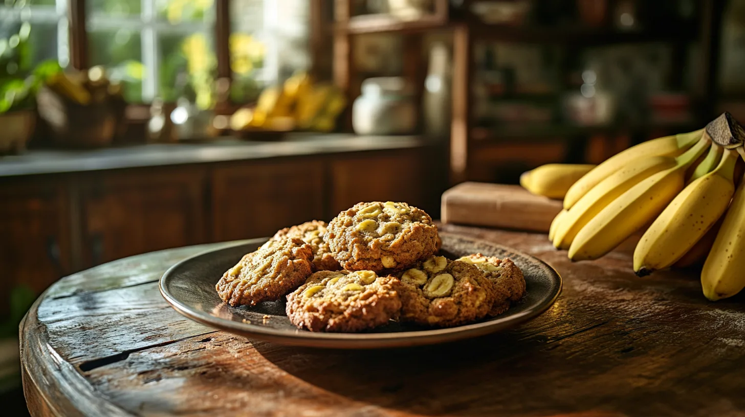 Freshly baked banana bread cookies on a rustic plate with ripe bananas in the background