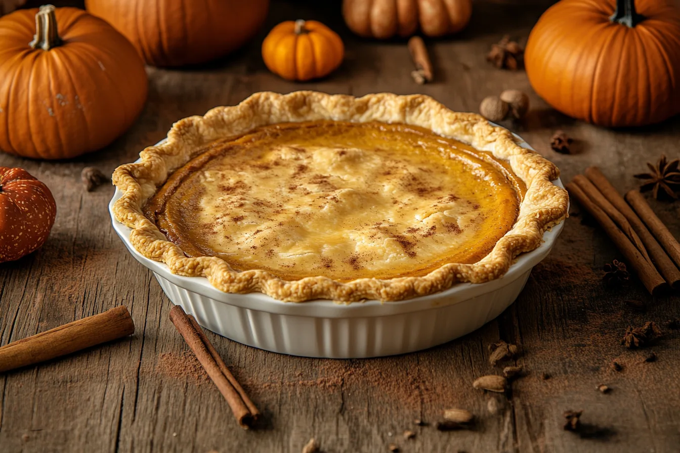 Freshly baked pumpkin pie with flaky crust on a rustic table