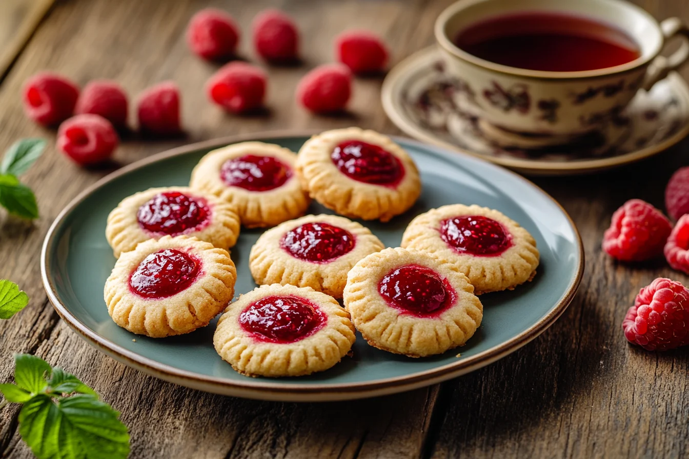 Freshly baked raspberry cookies with jam on a rustic table