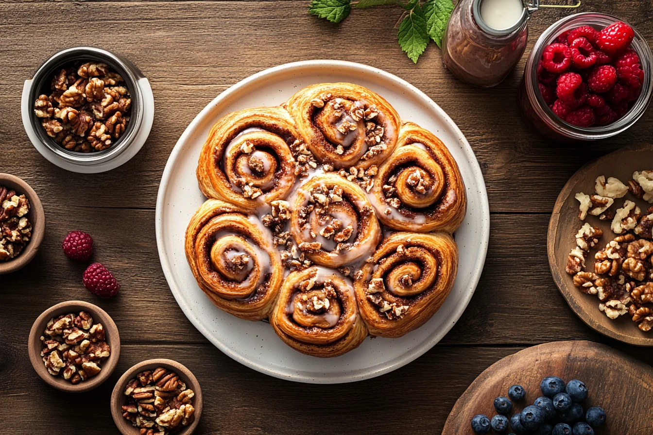 A plate of freshly baked Rhodes cinnamon rolls with golden-brown crusts, gooey cinnamon filling, and creamy glaze, surrounded by bowls of toppings on a rustic wooden table with soft natural light