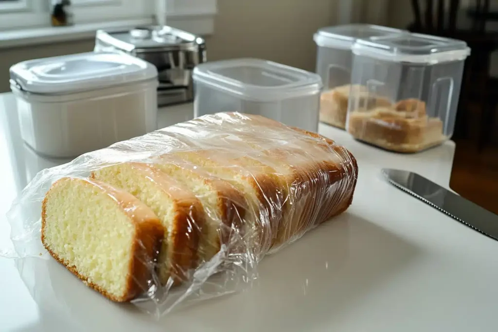 Freshly sliced pound cake wrapped for storage