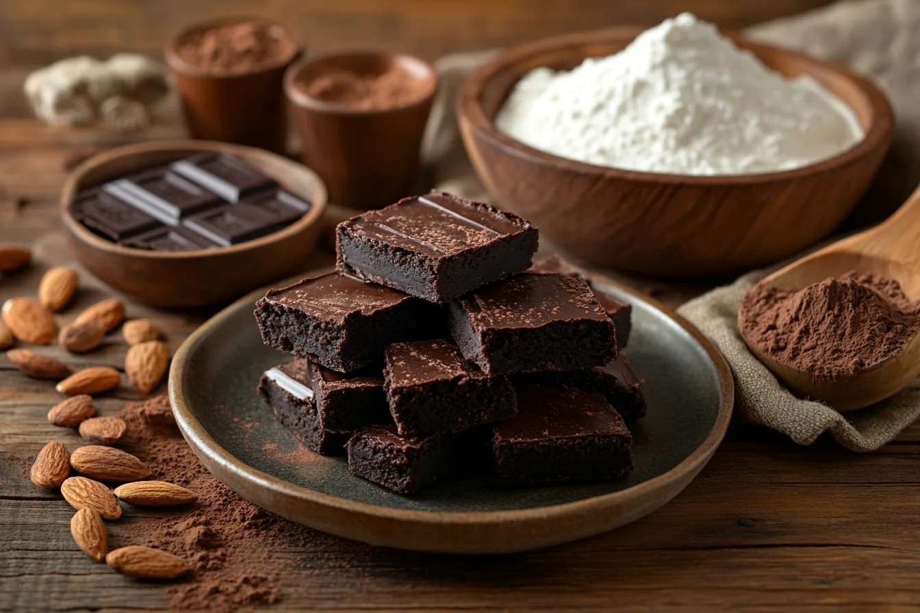 Fudgy low calorie brownies with wholesome ingredients on a rustic table