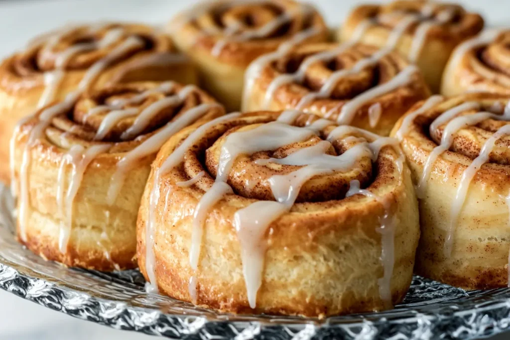 Fully baked cinnamon rolls drizzled with icing, golden edges, and gooey centers