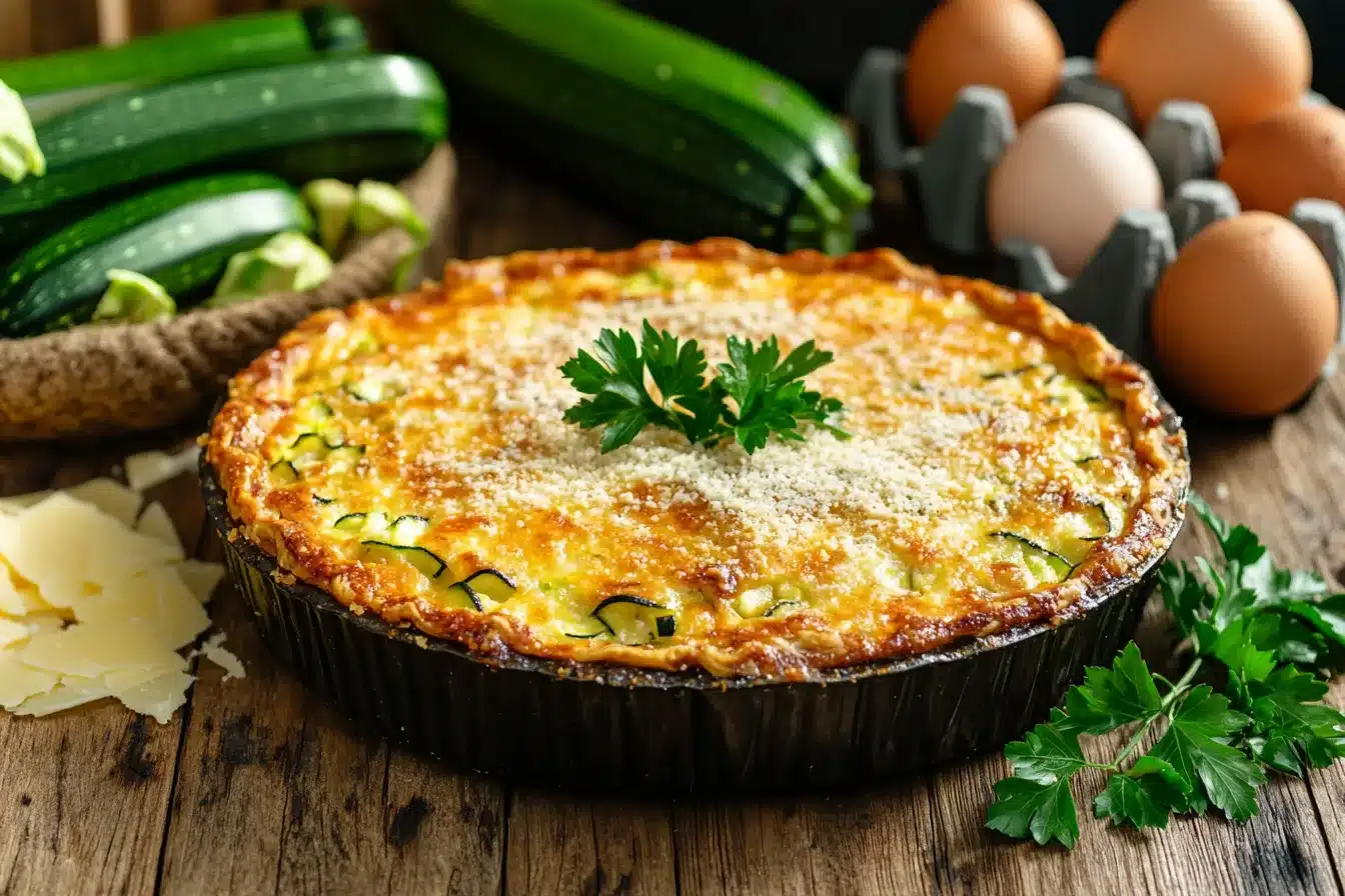 Golden brown zucchini pie on a rustic wooden table with fresh ingredients