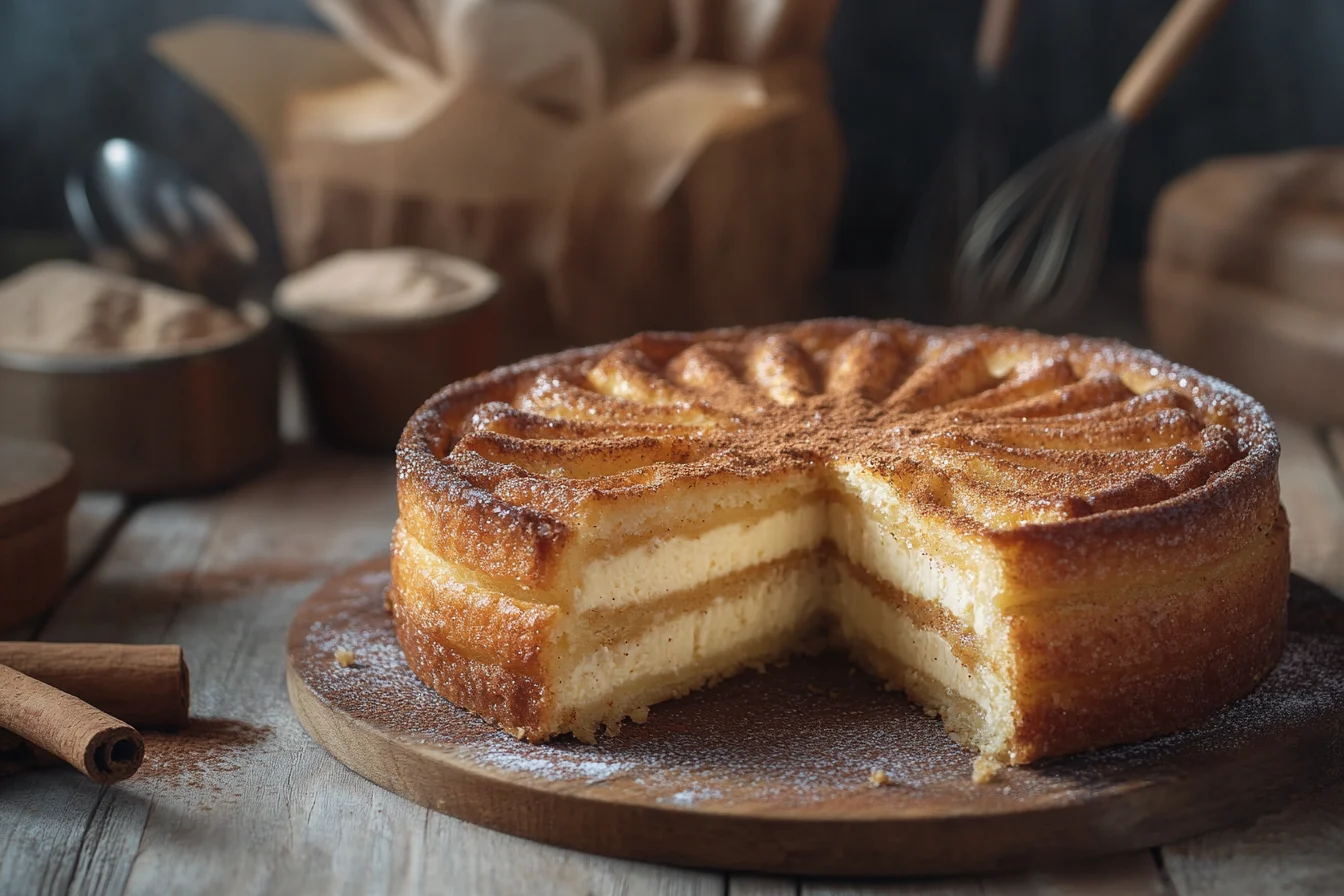 Golden churro cheesecake with creamy filling on a wooden table