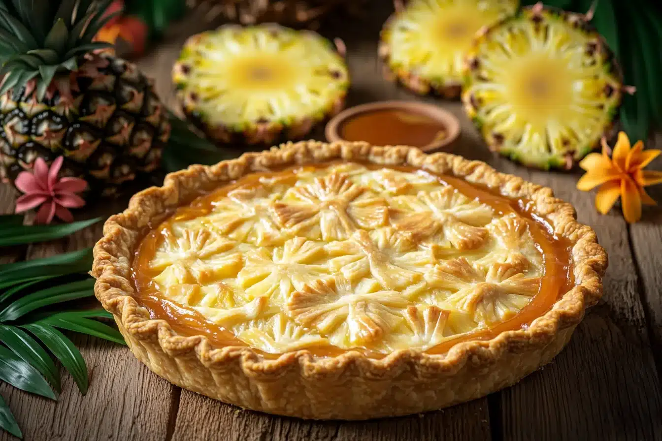 Golden pineapple pie with tropical decor