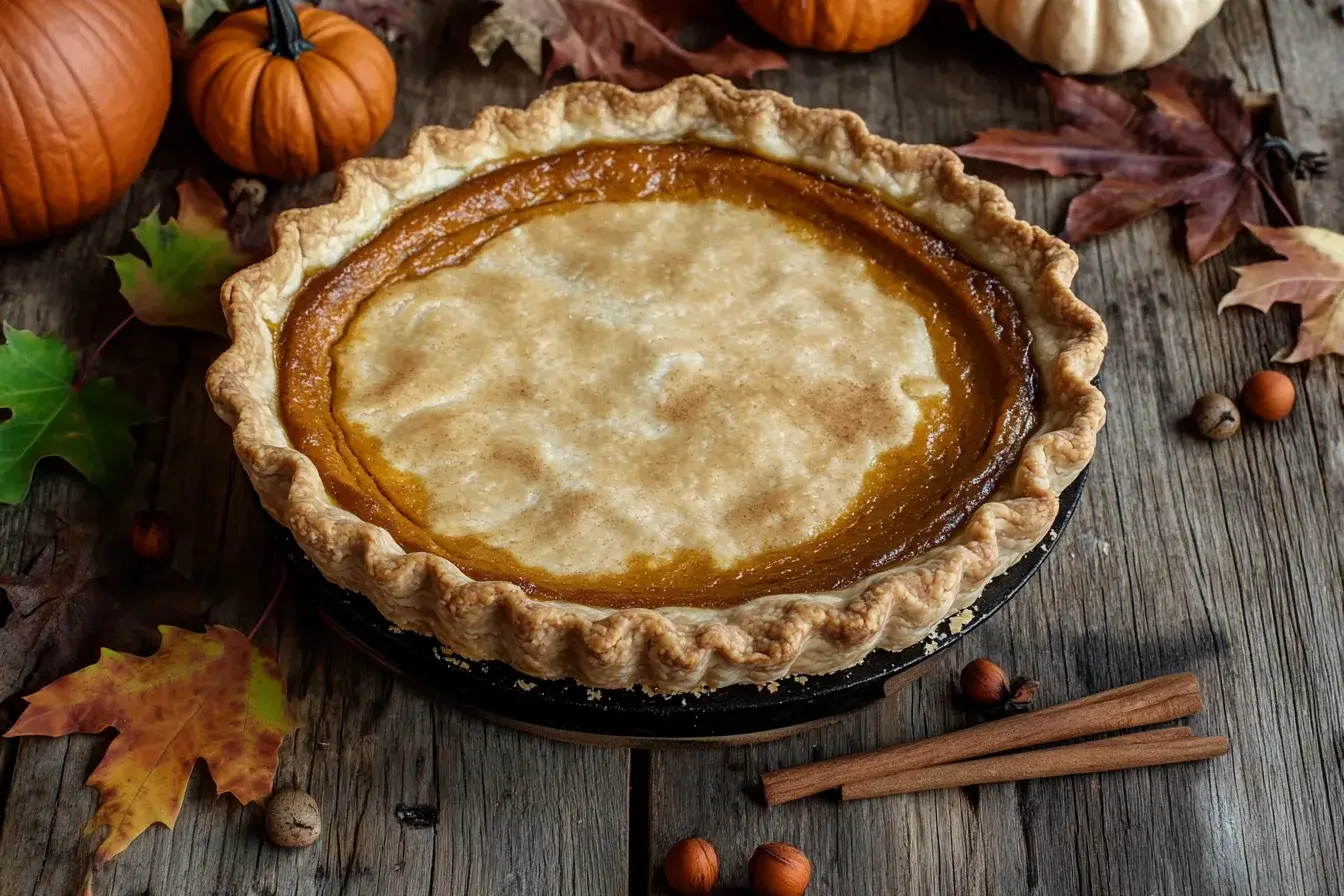 Golden pumpkin pie with flaky crust on a rustic table