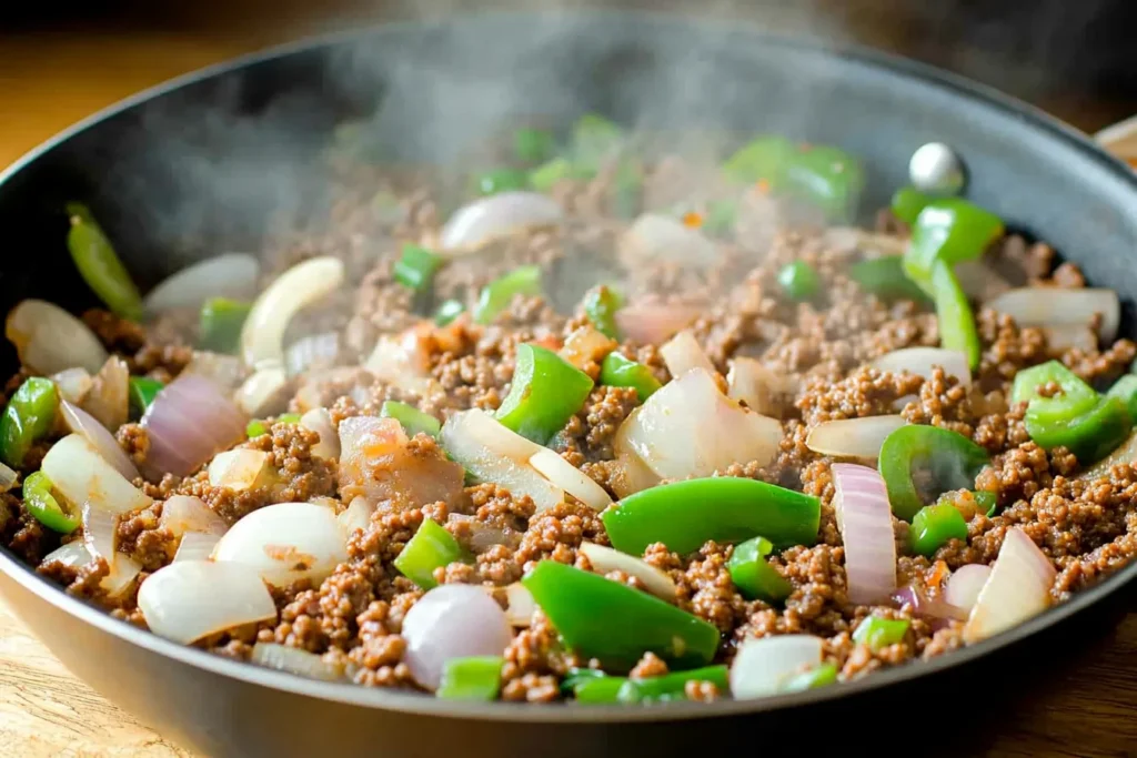 Ground beef and vegetables cooking in a skillet