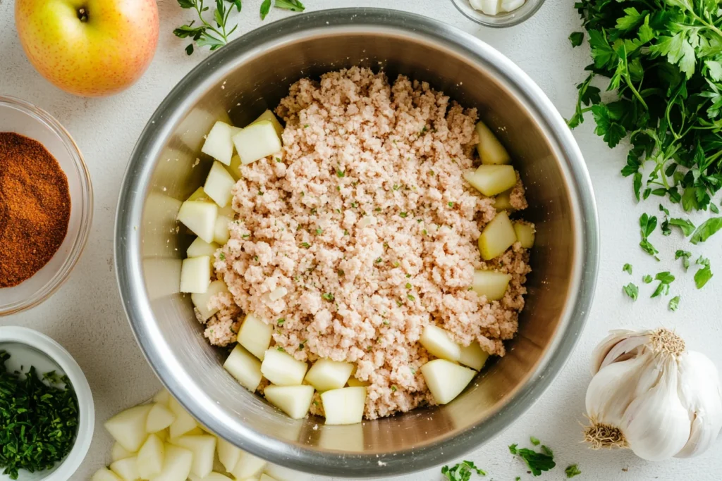 Ground chicken with diced apples, garlic, onions, and seasonings ready to be mixed for chicken apple sausage