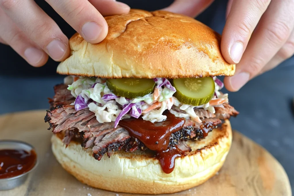 Hands assembling a beef brisket sandwich with toppings on a toasted bun