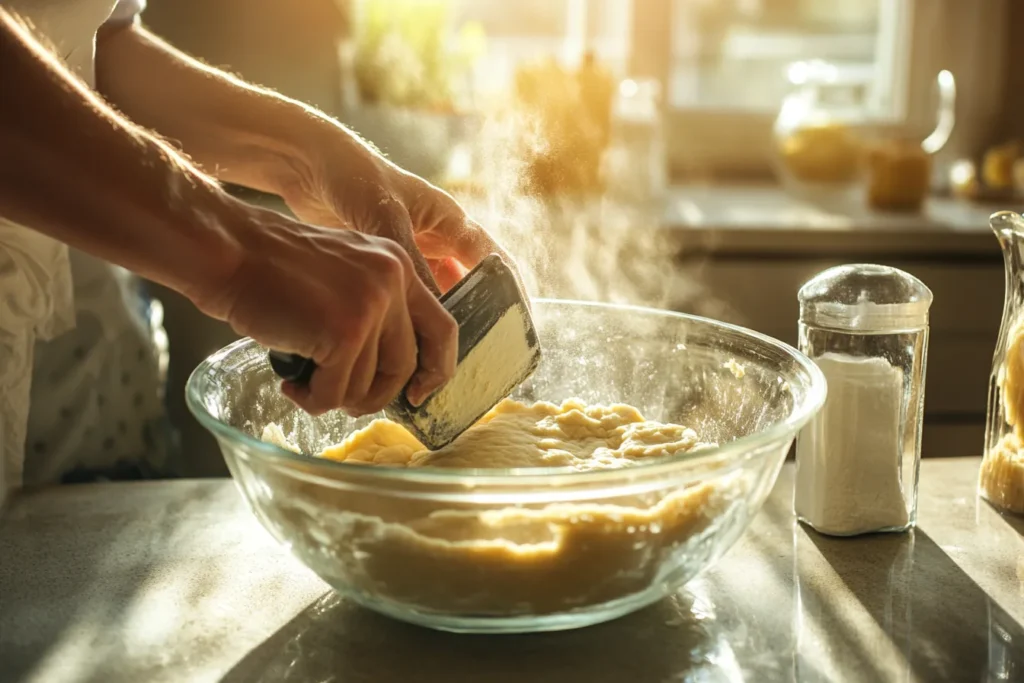 Hands mixing Crisco pie crust dough with a pastry blender