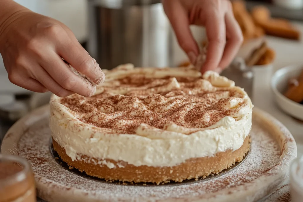 Hands preparing churro cheesecake with cream cheese filling