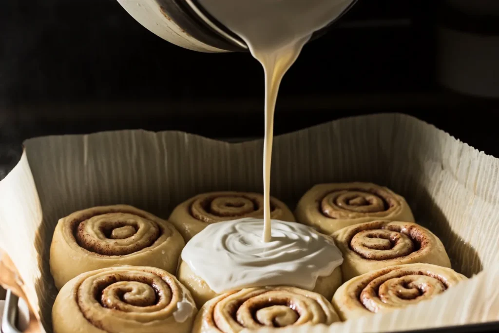 Heavy cream being poured over unbaked cinnamon rolls in a glass baking dish