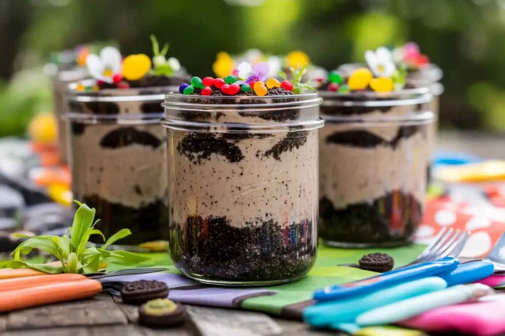 Individual jars of dirt Oreo pudding with gummy worms and edible flowers