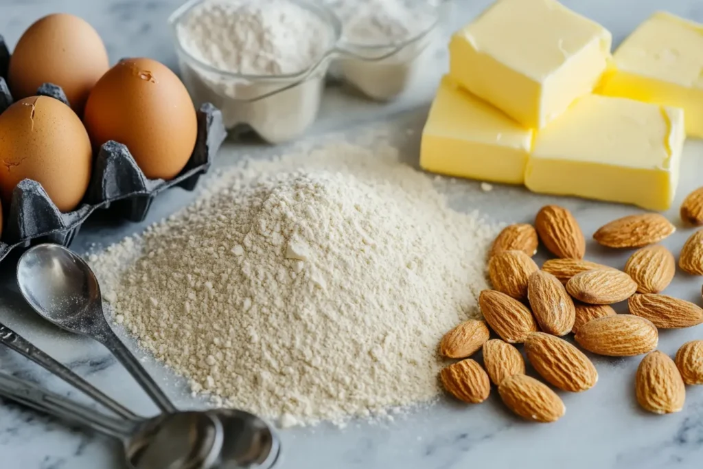 Ingredients for almond nut cake arranged on a countertop