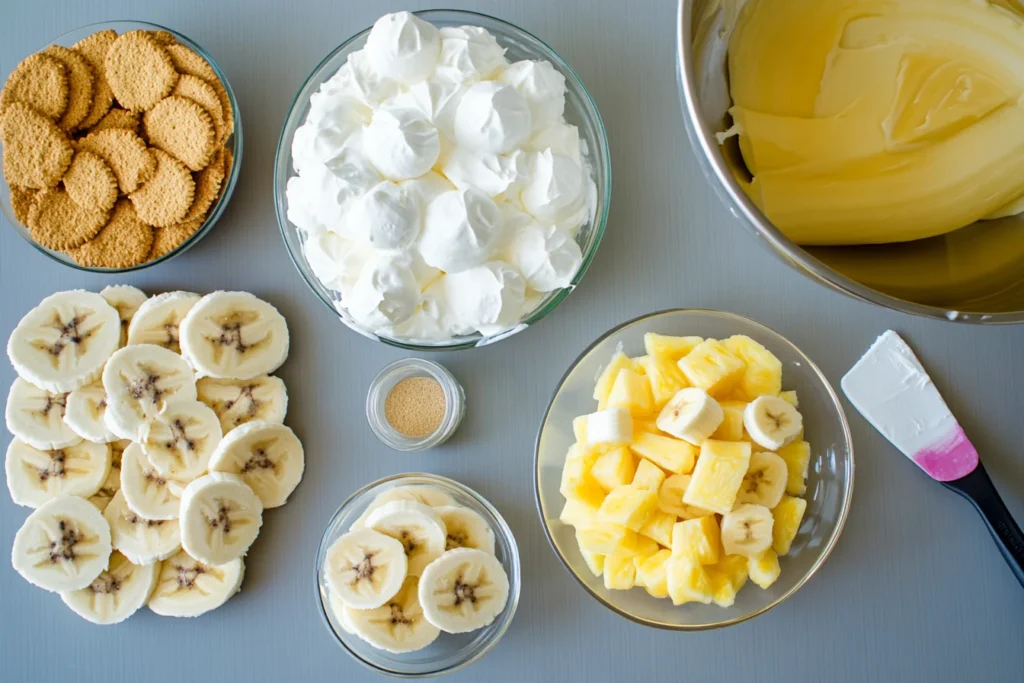 Ingredients for banana split cake recipe displayed on a kitchen counter