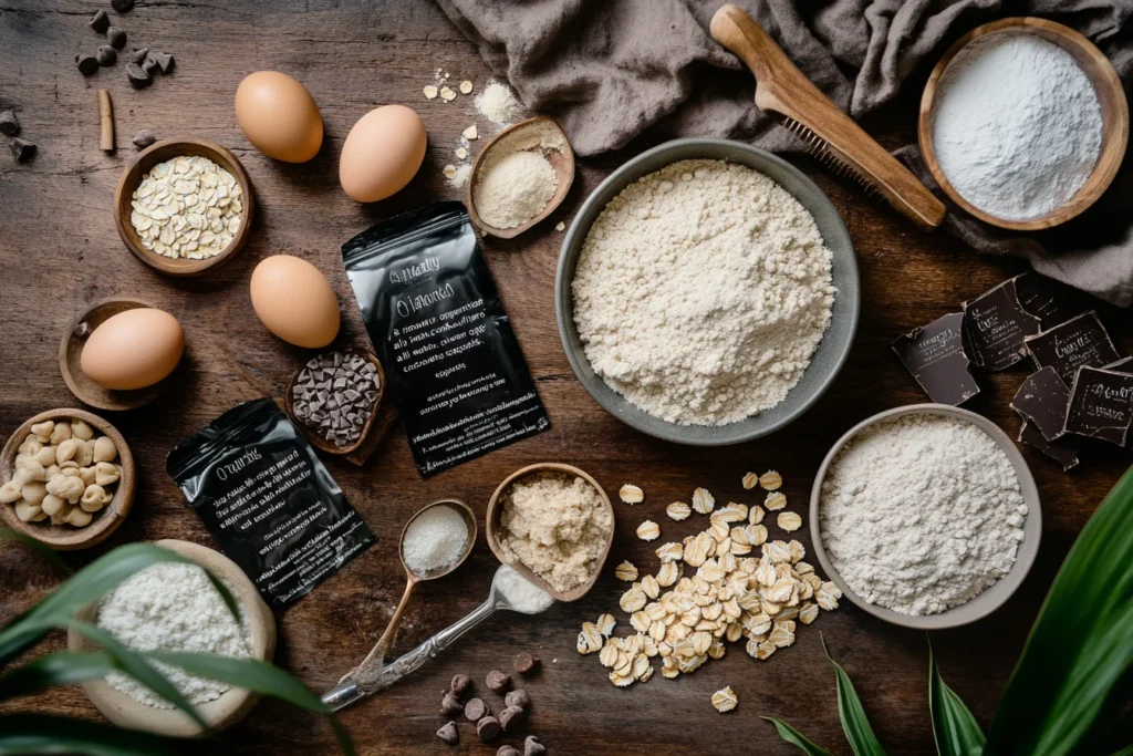 Ingredients for chookie cookies neatly arranged on a counter