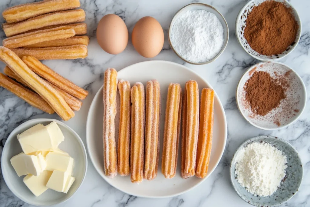 Ingredients for churro cheesecake on a marble countertop