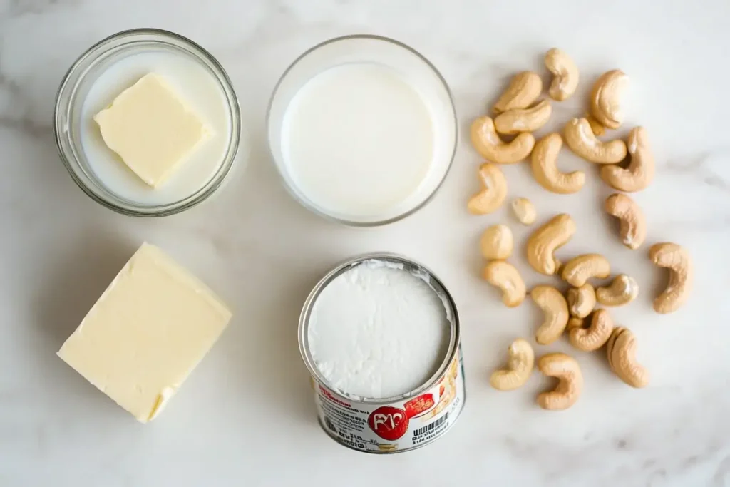 Ingredients for heavy cream substitutes displayed on a marble countertop