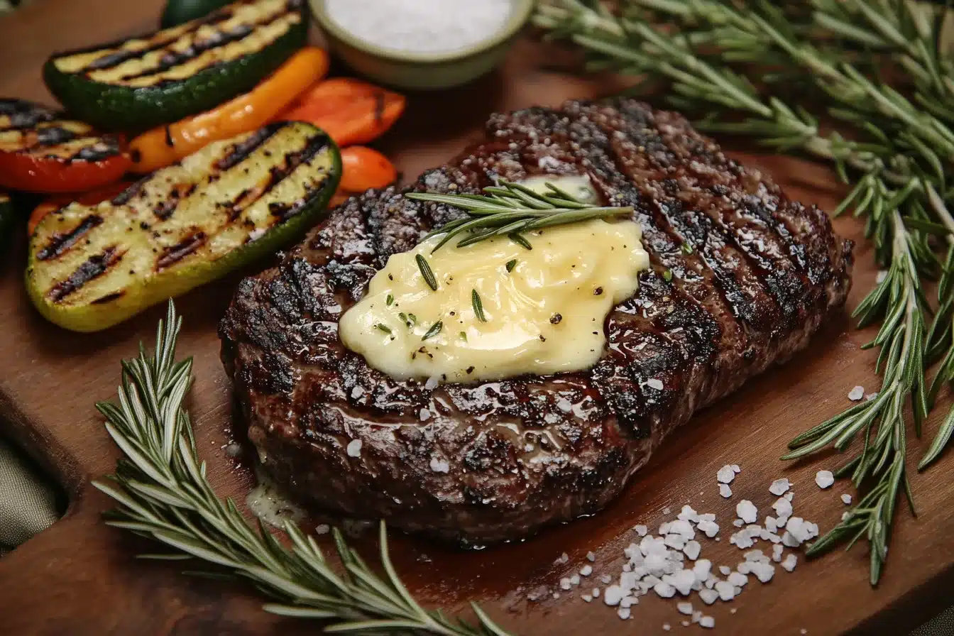 Juicy chuck steak with garlic butter on a wooden board