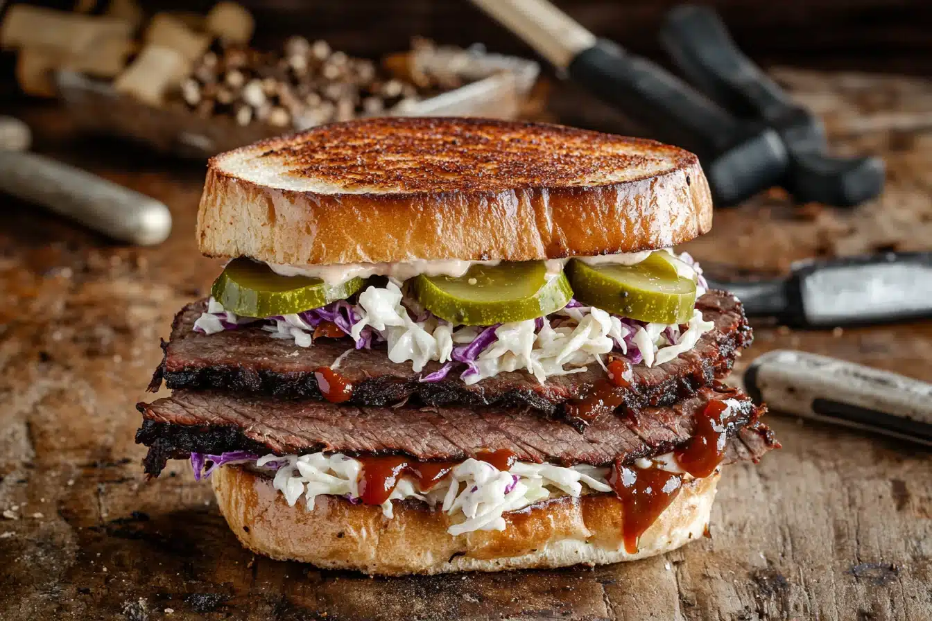 Juicy smoked brisket sandwich with coleslaw and BBQ sauce