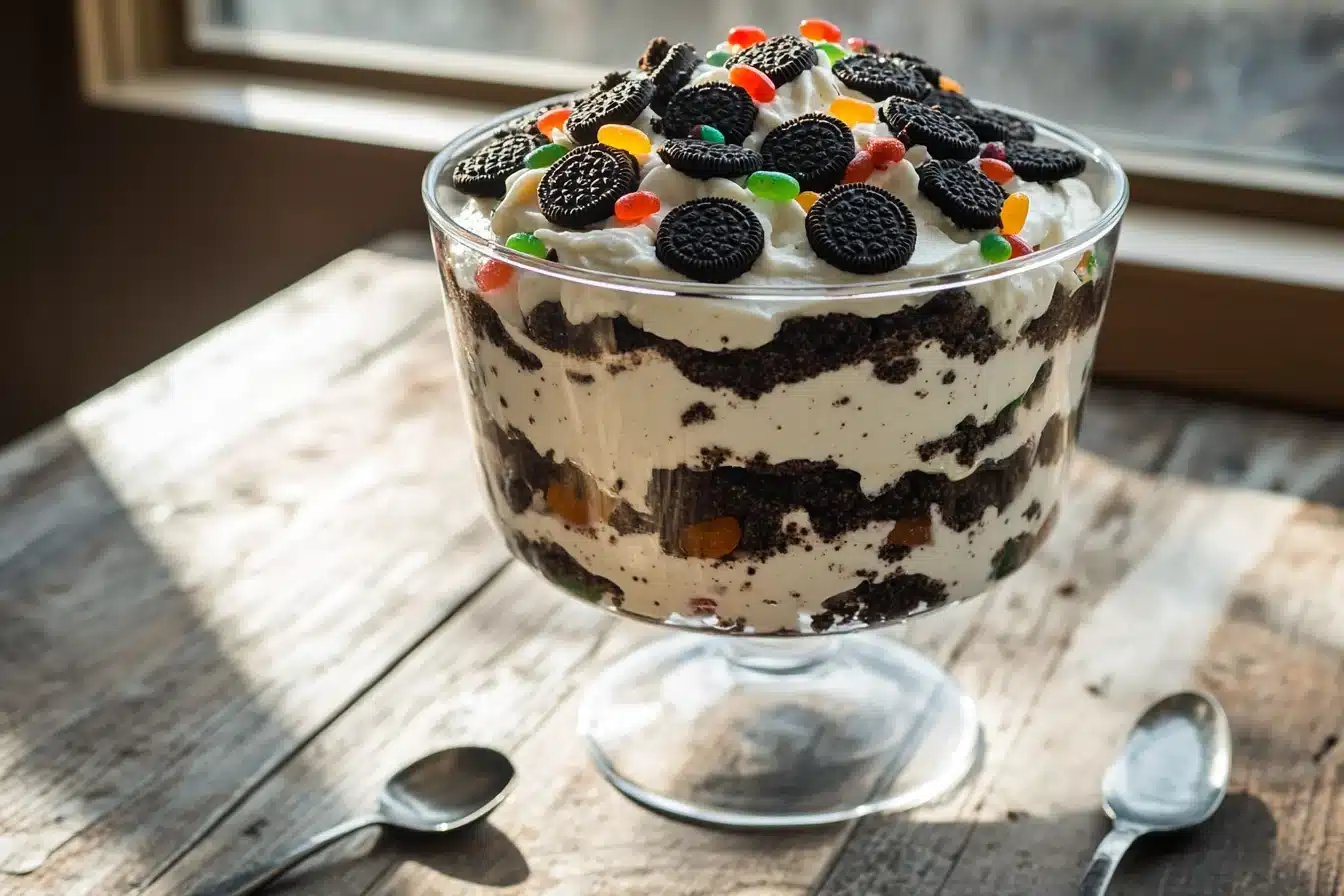 Layered dirt Oreo pudding in a glass dish topped with gummy worms