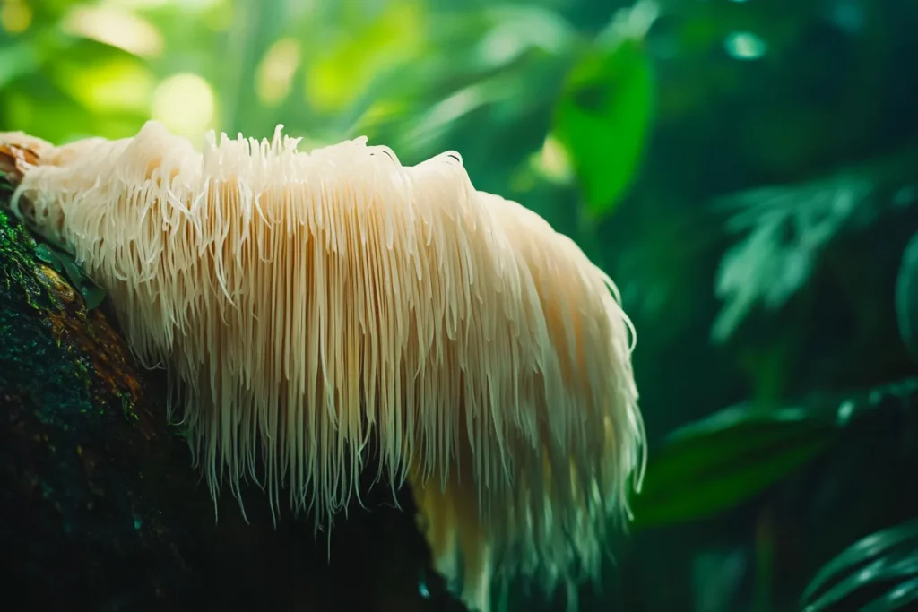 Lion's Mane mushroom in its natural forest habitat