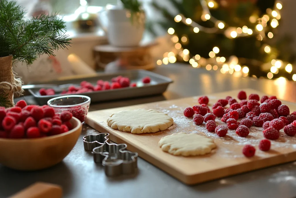 The Ultimate Guide to Raspberry Cookies: Recipes, Tips, and Variations 3 Making raspberry cookies with dough, raspberries, and tools