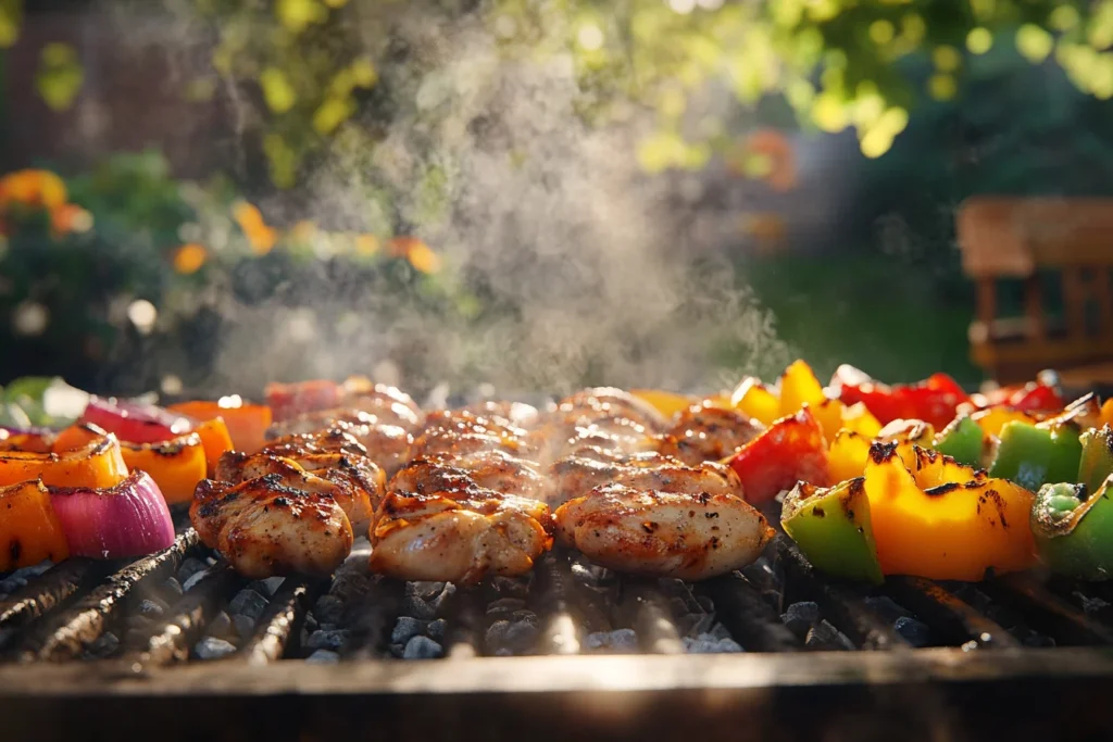 Juicy, marinated chicken cooking on a cast-iron skillet with sliced onions and colorful bell peppers, with steam rising