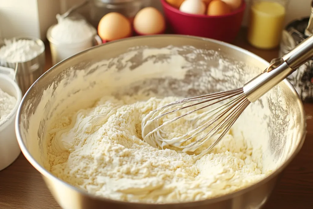 Mixing cake batter with a whisk for a Barbie cake