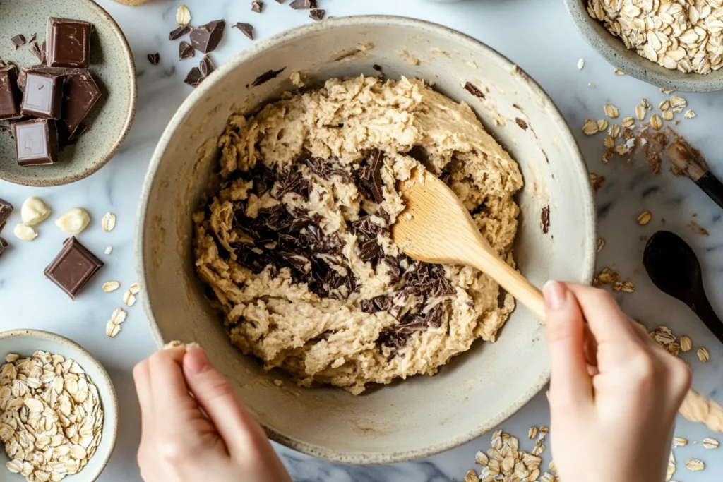 Mixing chookie cookie dough with visible chocolate chunks and oats