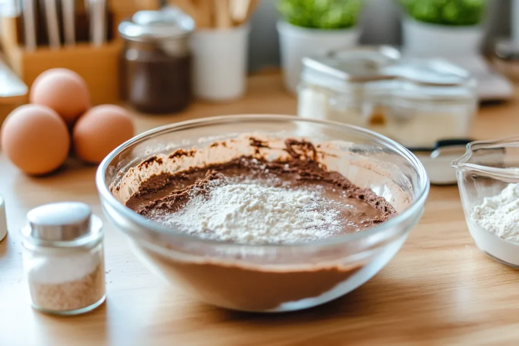 Low Calorie Brownies: Guilt-Free Indulgence with Delicious Recipes 2 Mixing the brownie batter with a wooden spoon in a glass bowl