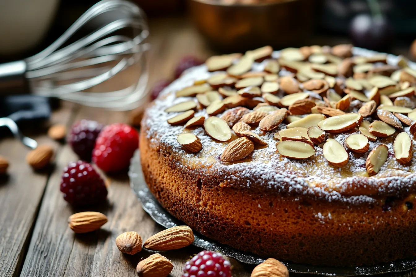 Moist almond nut cake garnished with almonds and powdered sugar