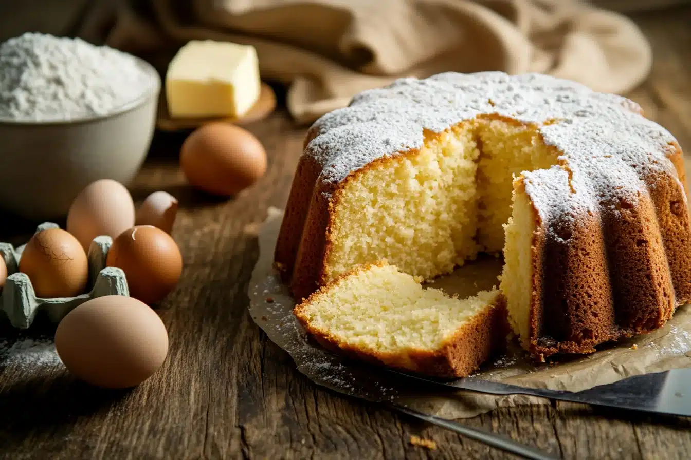 Moist pound cake with a golden crust and sliced interior