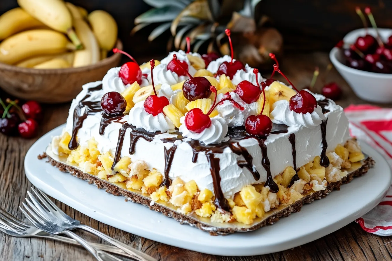 No-bake banana split cake with whipped cream and cherries