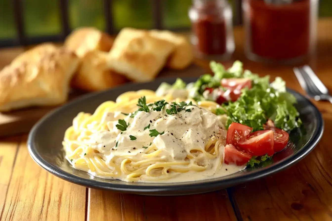 Olive Garden Chicken Pasta served with breadsticks and salad