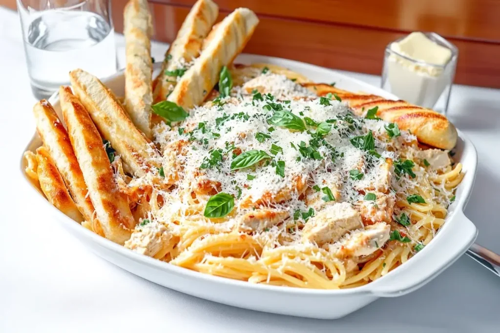 Olive Garden Chicken Pasta with breadsticks and water