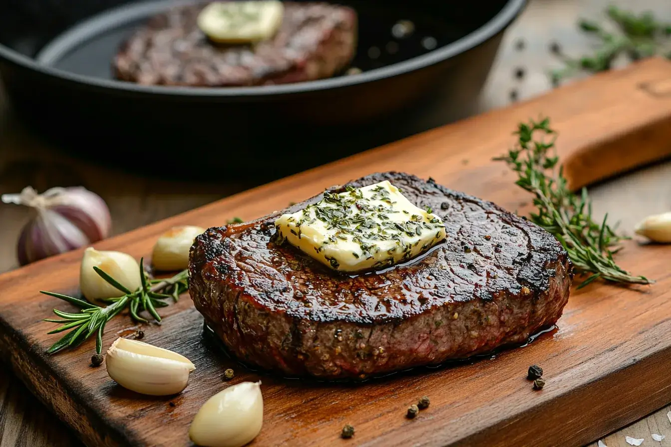 Pan-fried chuck eye steak with herb butter on a wooden board