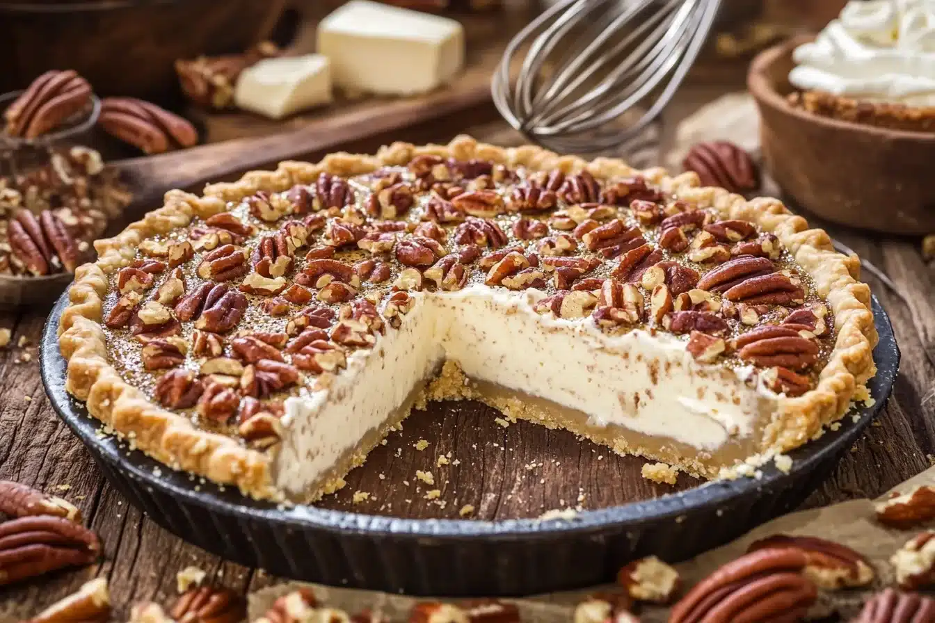 Pecan cream pie on a rustic wooden table with ingredients