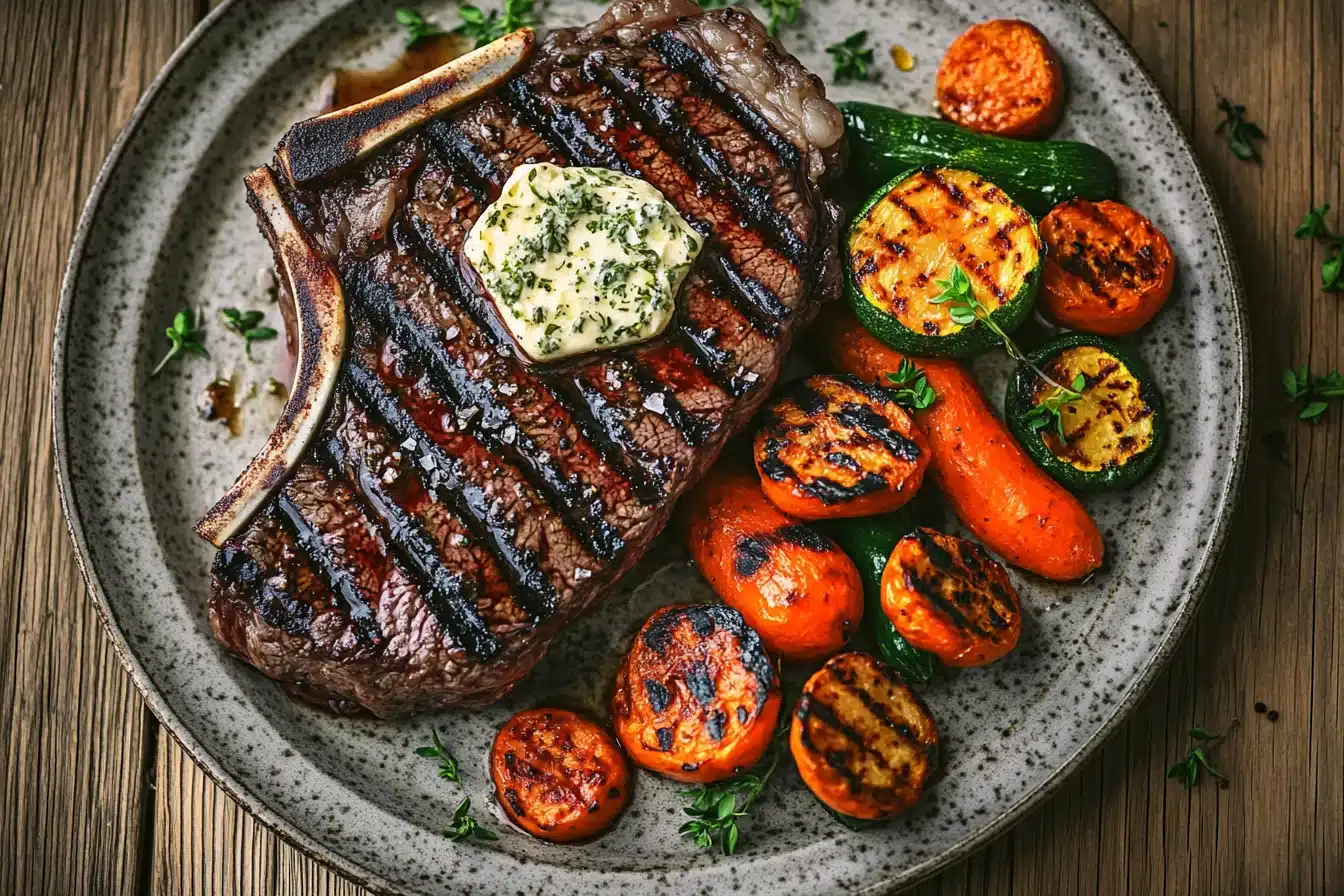 Perfectly grilled beef chuck eye steak with herb butter and roasted vegetables