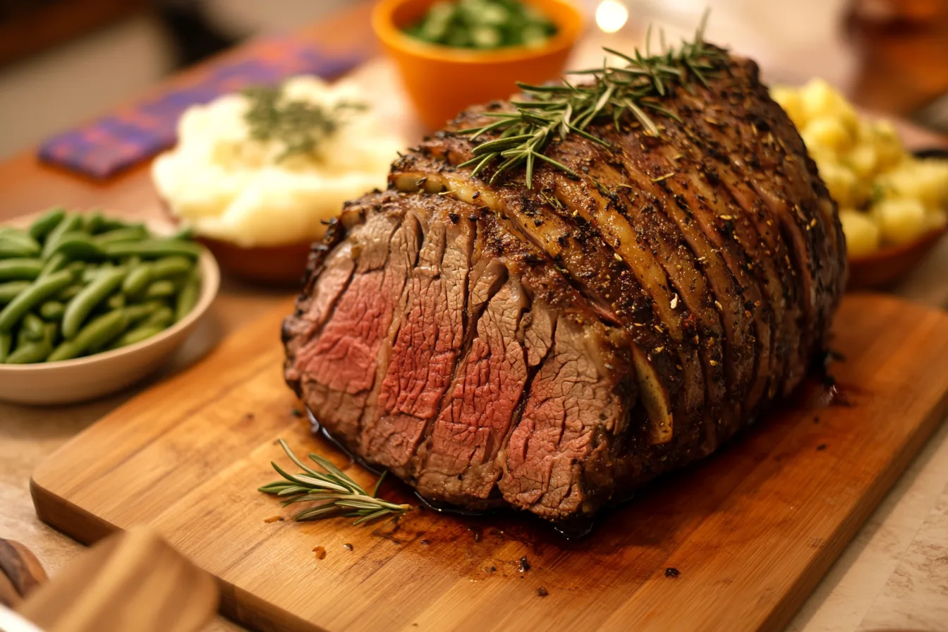 Perfectly roasted beef rib eye roast on a cutting board with garnishes