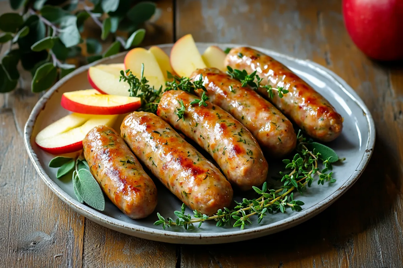 Plate of chicken apple sausage with apples and herbs