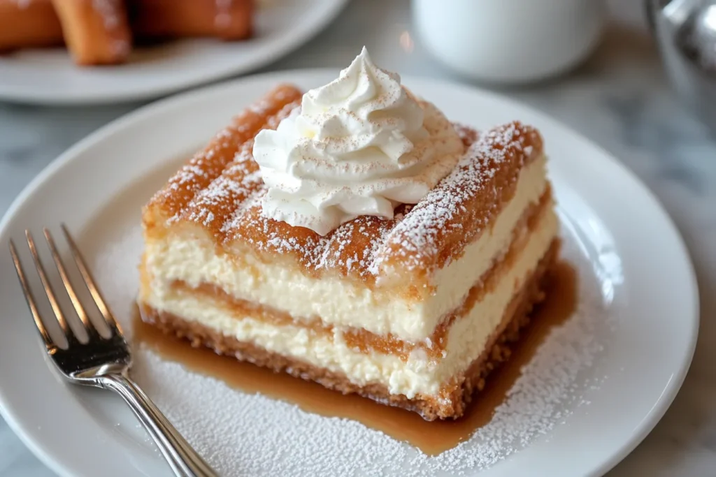 Plated slice of churro cheesecake with caramel drizzle and whipped cream