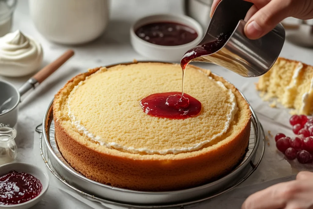 Preparing and assembling a Victoria Cake with layers of jam and cream