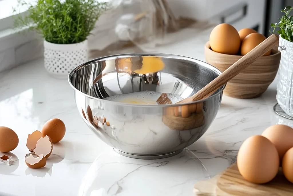 Mixing bowl with fresh eggs, heavy cream, and seasonings being whisked together on a marble countertop with cracked eggshells and a wooden spoon nearby