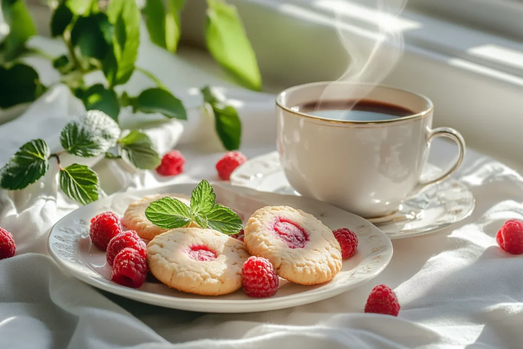 The Ultimate Guide to Raspberry Cookies: Recipes, Tips, and Variations 4 Raspberry cookies served with coffee and fresh berries