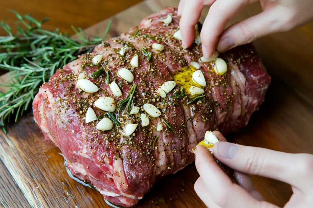 Raw beef rib eye roast being seasoned with garlic and herbs