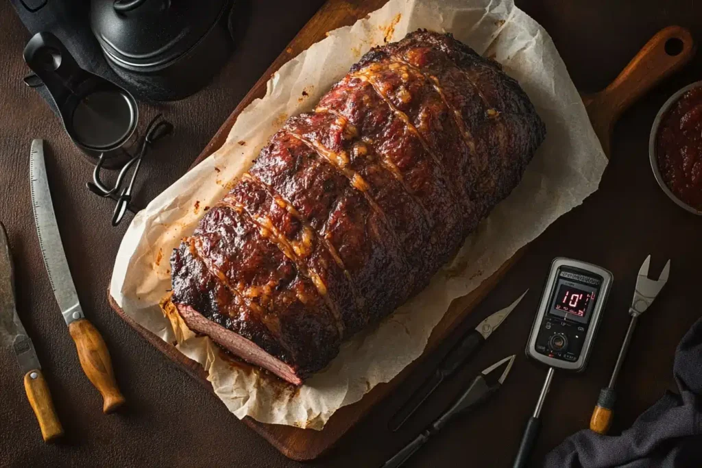 Resting brisket on a cutting board with butcher paper and thermometer