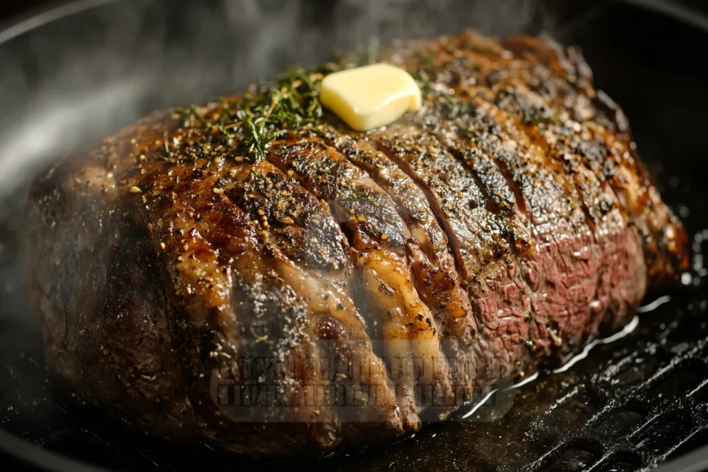 Rib eye roast searing in a pan with butter and herbs