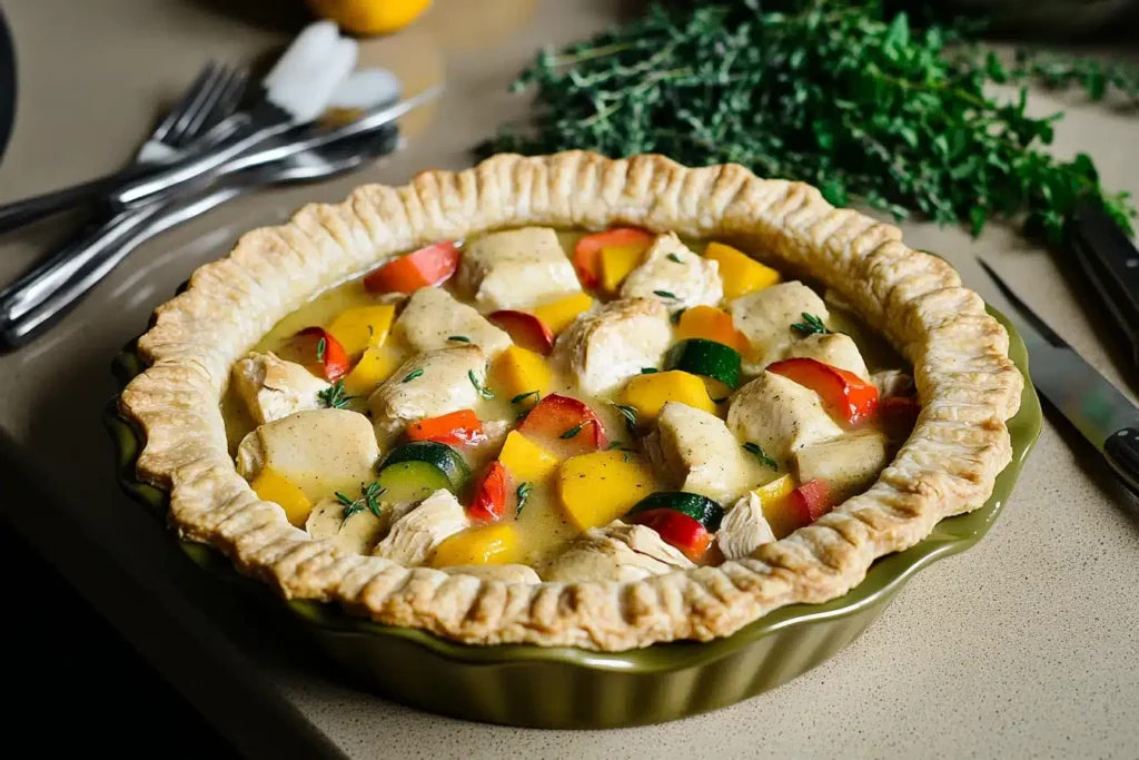 Savory impossible chicken pie with vegetables and herbs